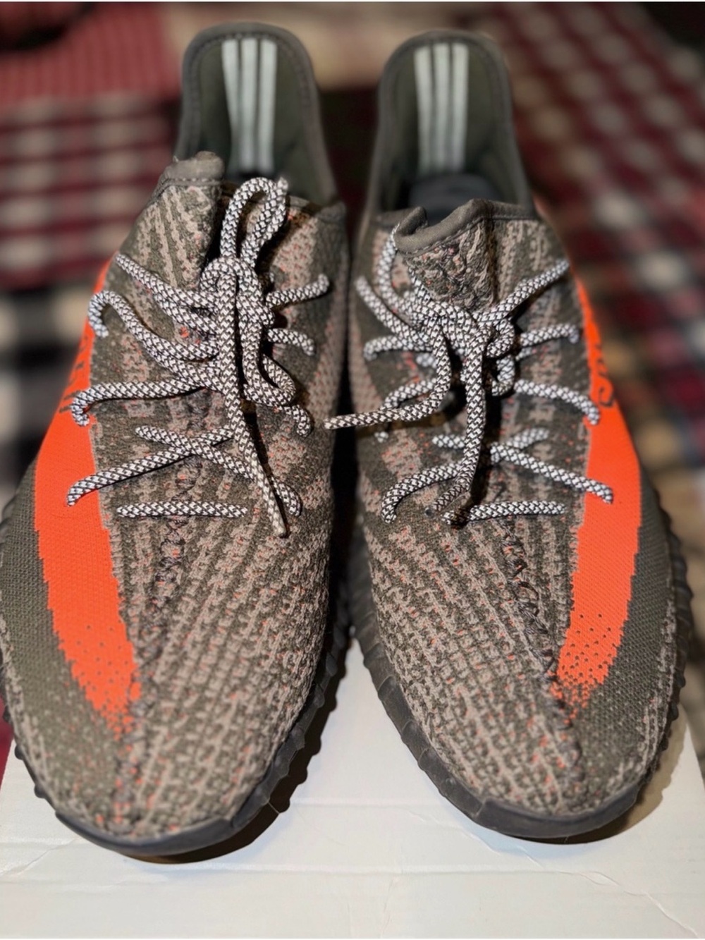 Yeezy Boost Sneakers in Gray with Orange Stripe